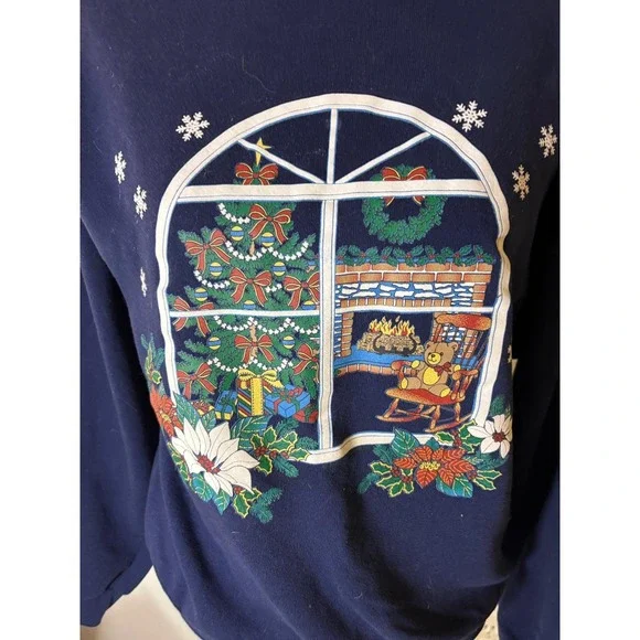 Vintage Christmas Grandmacore Sweatshirt fireplace Cottagecore SZ M - Picture 4 of 7